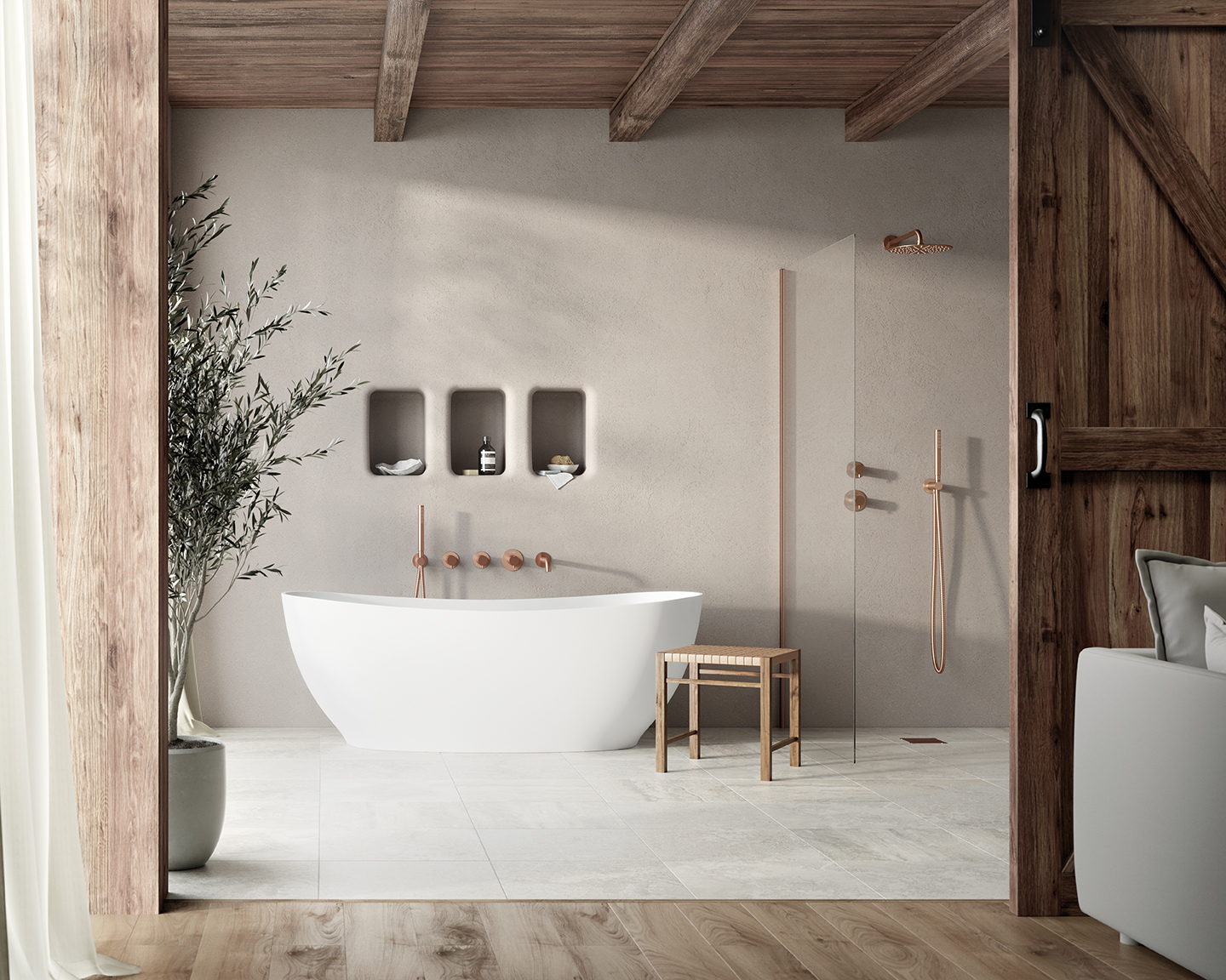 Badkamer met koperkleurige kranen
