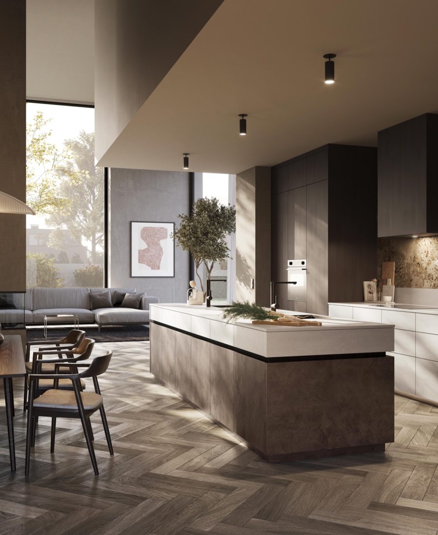Moderne Rotpunkt keuken met kookeiland